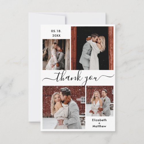 Elegant Black White Script 4 Photo Collage Wedding Thank You Card