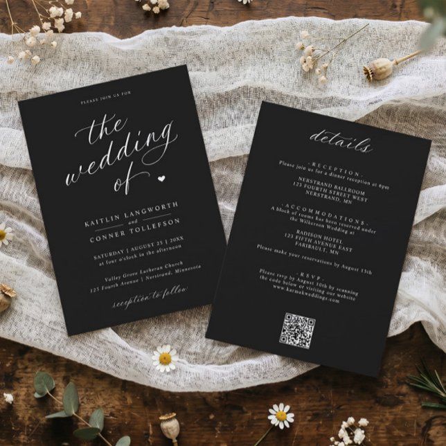 Elegant Black & White Script All in One Wedding Invitation (Black and white modern calligraphy all-in-one wedding invitation with elegant script and heart.)