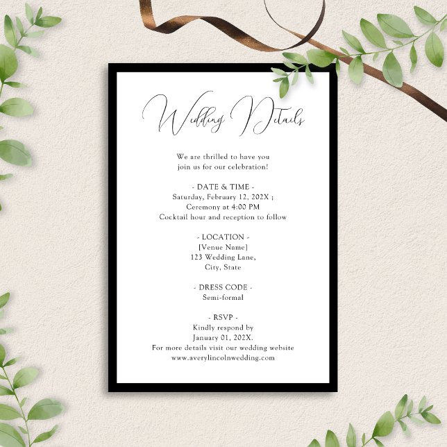Elegant Black White Script Border Wedding Details Enclosure Card (Creator Uploaded)