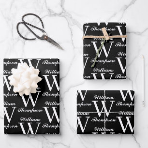 Elegant Black & White Script Calligraphy Monogram Wrapping Paper Sheets