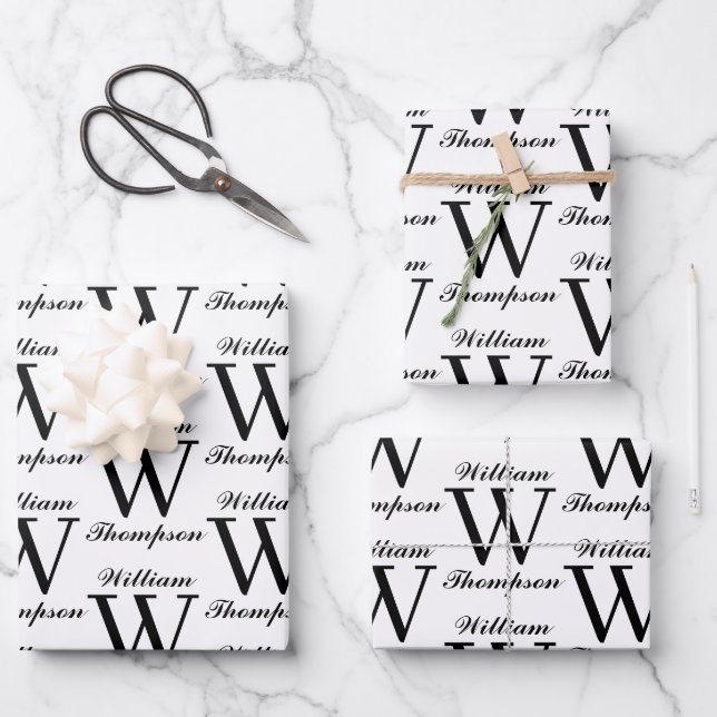 Elegant Black & White Script Calligraphy Monogram Wrapping Paper Sheets (Front)
