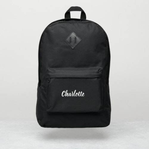 Elegant black white script custom name text cute port authority backpack