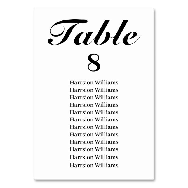 Elegant black white script custom text Wedding Table Number (Front)