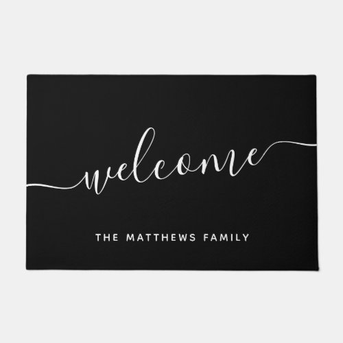 Elegant Black White Script Family Name Welcome Doormat