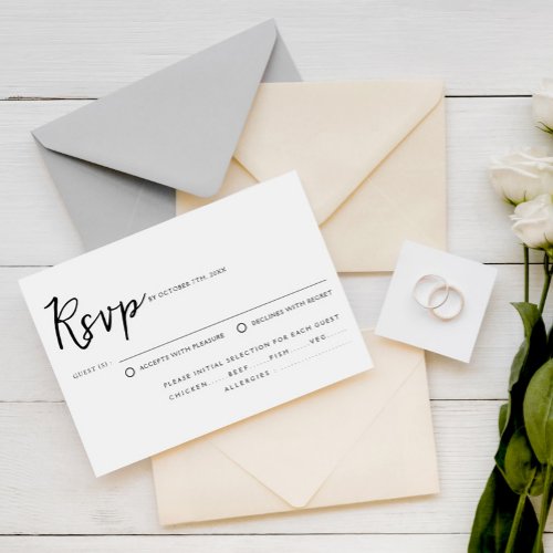 Elegant Black  White Script Meal Choice Wedding RSVP Card