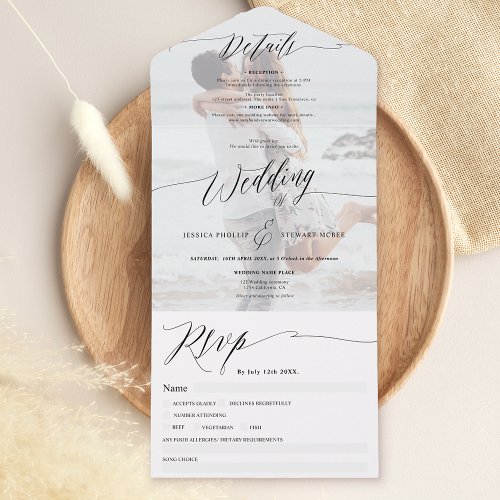Elegant black white script modern photo wedding all in one invitation