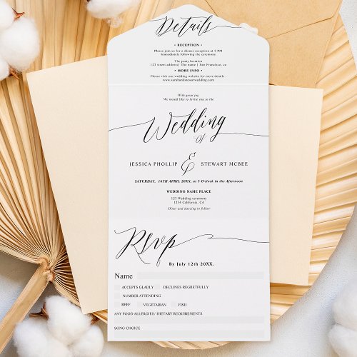 Elegant black white script modern wedding all in one invitation