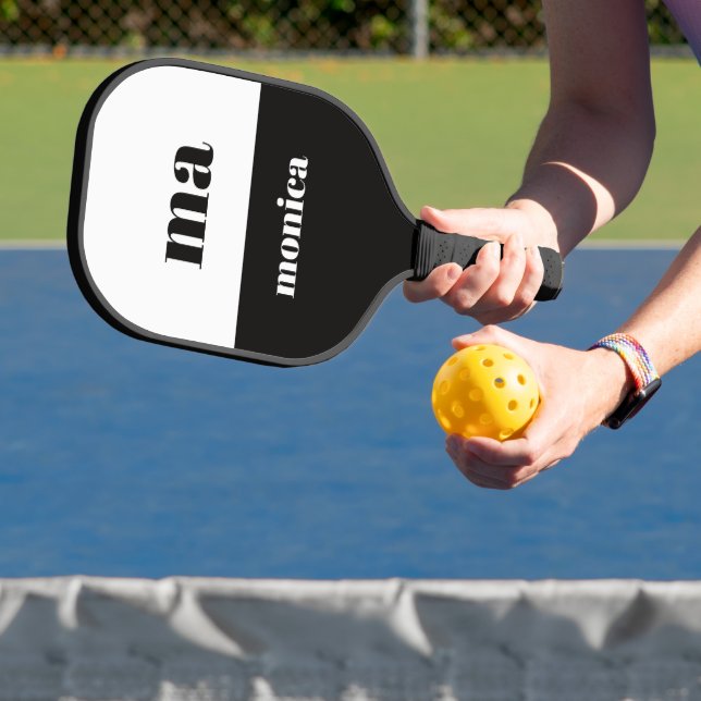 elegant black &white script monogram initial  carbon fiber pickleball paddle  (Insitu)