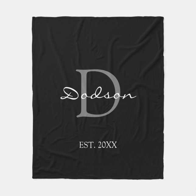 Elegant Black White Script Monogram Name Fleece Blanket (Front)