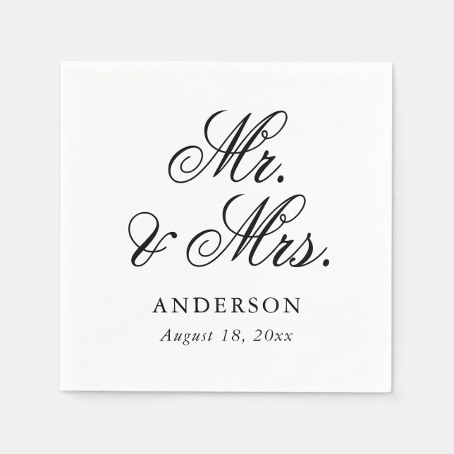 Elegant Black White Script Mr & Mrs Wedding Napkins (Front)