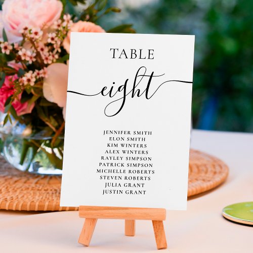 Elegant black white script names chart wedding table number