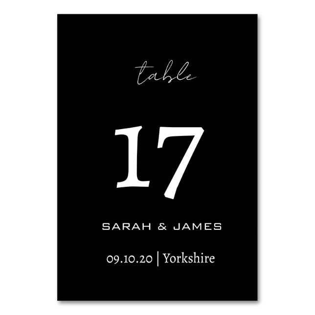 Elegant Black & White Script Personalized   Table Number (Front)