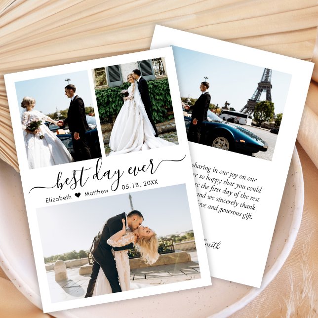 Elegant Black White Script Photo Collage Wedding   Thank You Card (Creator Uploaded)