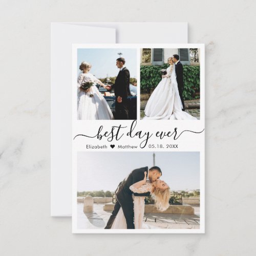 Elegant Black White Script Photo Collage Wedding   Thank You Card