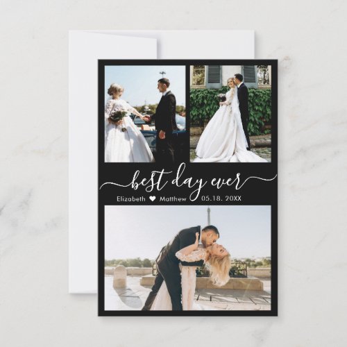 Elegant Black White Script Photo Collage Wedding Thank You Card