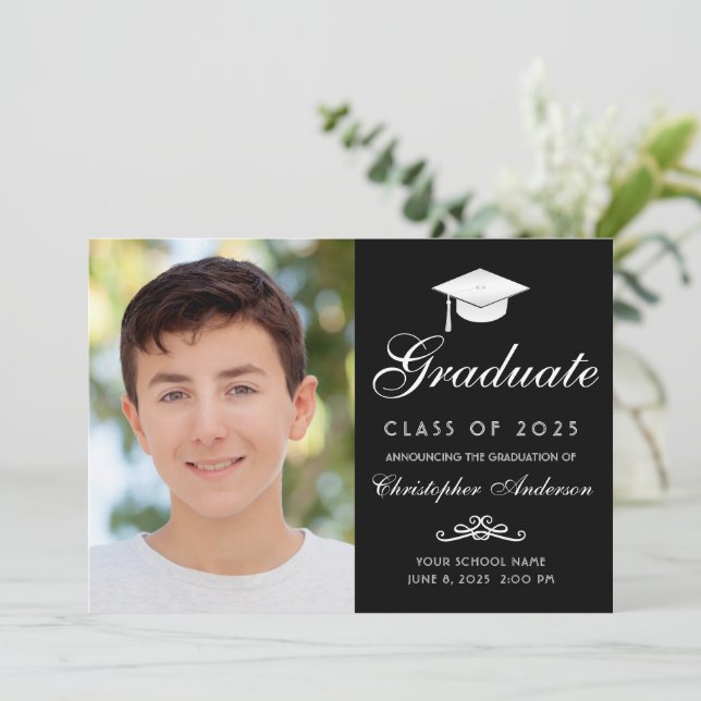 Elegant Black White Script Photo Graduation Announcement (Standing Front)