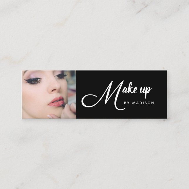 Elegant Black White Script Photo Makeup Mini Business Card (Front)