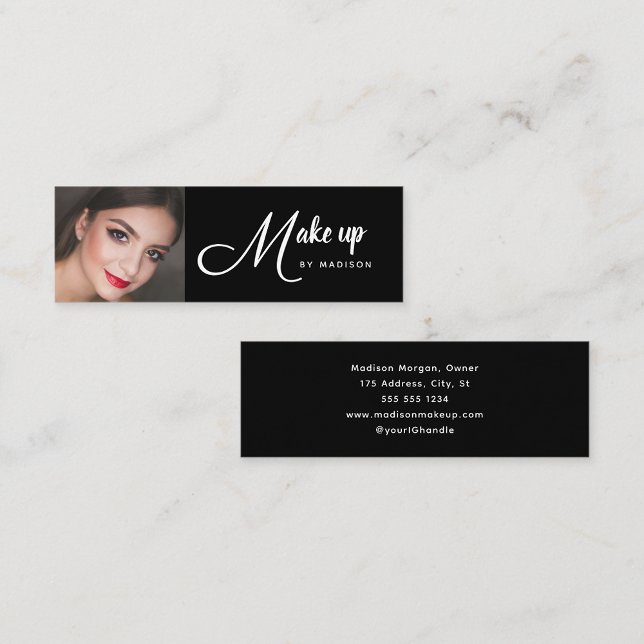 Elegant Black White Script Photo Makeup Mini Business Card (Creator Uploaded)