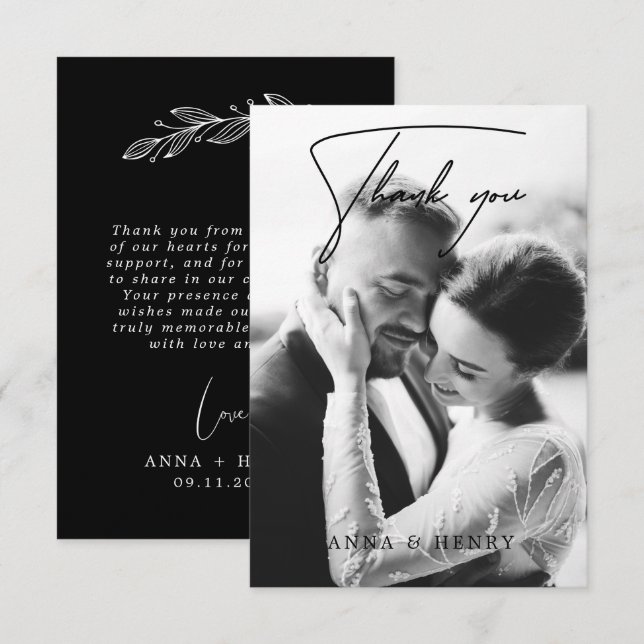 Elegant Black & White Script Photo Wedding  Thank You Card (Front/Back)