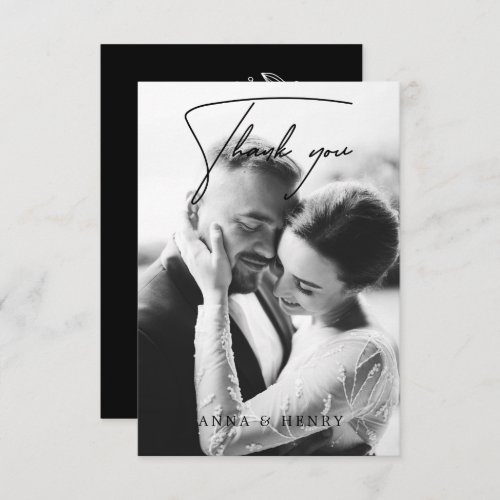 Elegant Black  White Script Photo Wedding  Thank You Card
