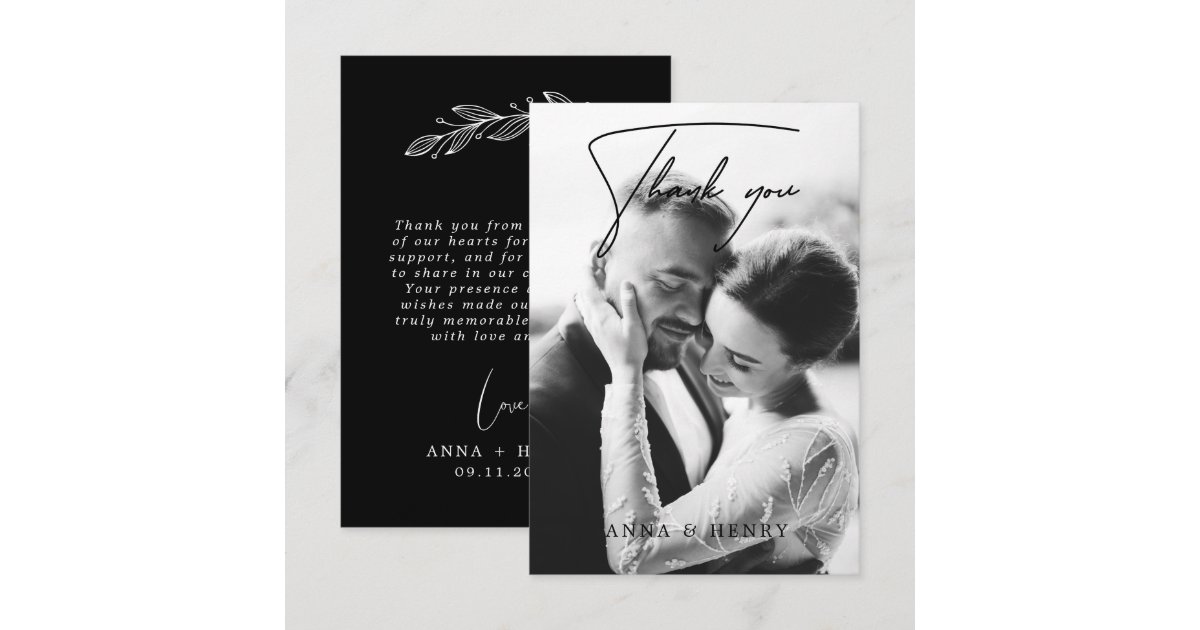 Elegant Black & White Script Photo Wedding Thank You Card | Zazzle
