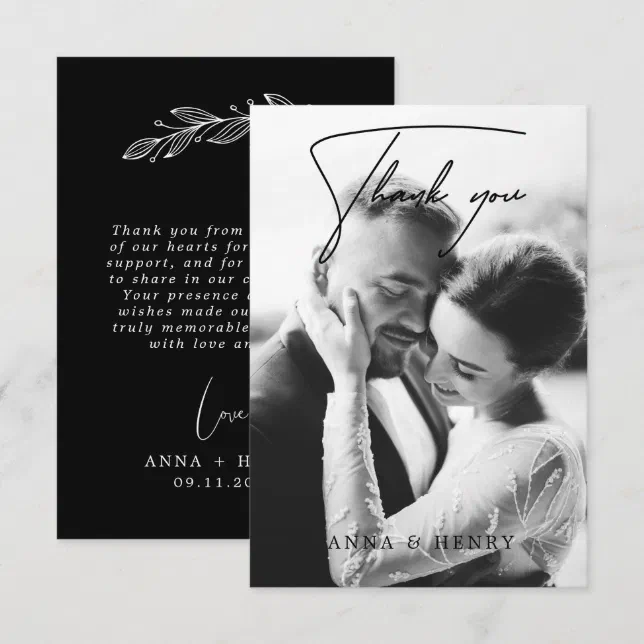 Elegant Black & White Script Photo Wedding Thank You Card | Zazzle