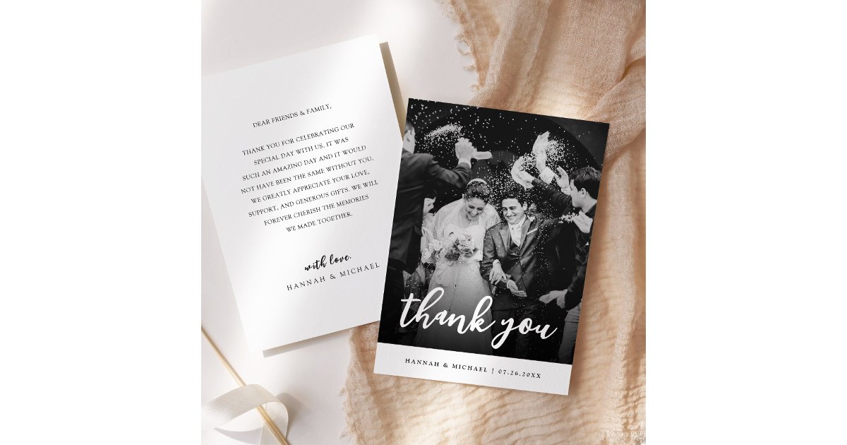 Elegant Black & White Script Photo Wedding Thank You Card | Zazzle