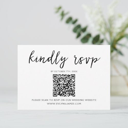 Elegant Black  White Script QR Code Wedding  RSVP Card