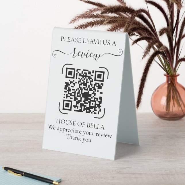 Elegant Black White Script Review QR Code Business Table Tent (In SItu (Table))