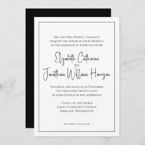 Elegant Black  White Script Sophisticated Wedding Invitation