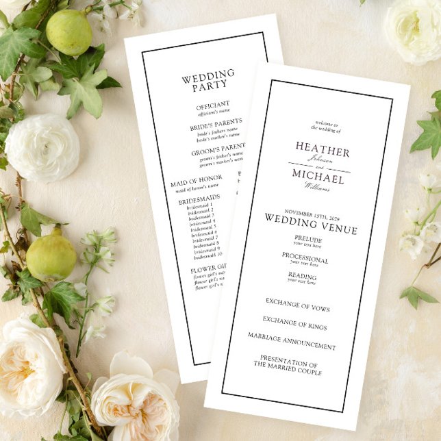 Elegant Black & White Script Typography Wedding Program (Easily create a wedding program to match your formal invitation suite!)