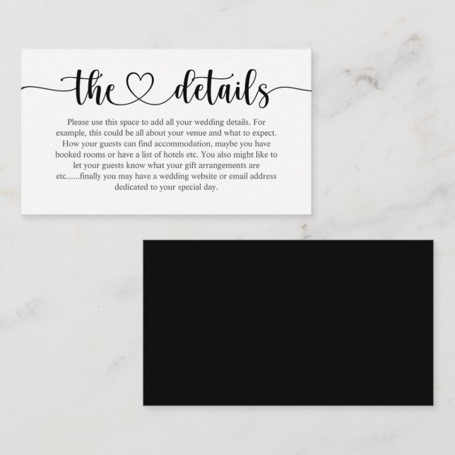 Elegant Black & White Script Wedding Details  Enclosure Card (Front/Back)