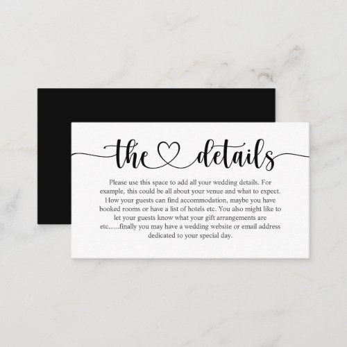 Elegant Black  White Script Wedding Details  Enclosure Card
