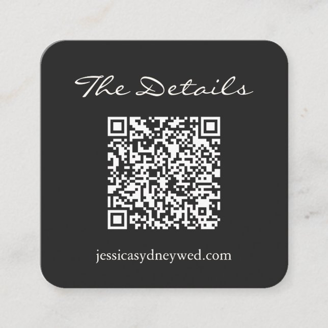 Elegant Black White Script Wedding Details QR Code Enclosure Card (Front)