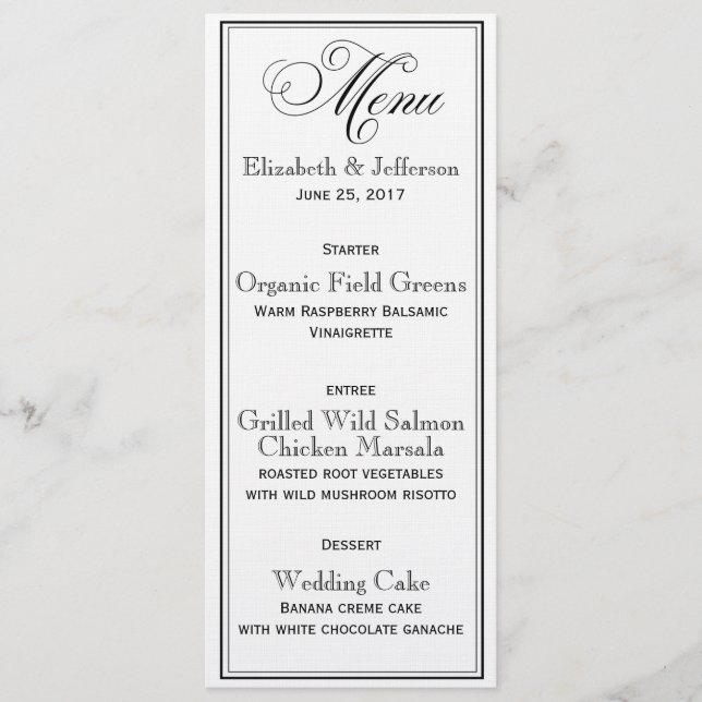 Elegant Black & White Script Wedding Menu Card (Front)
