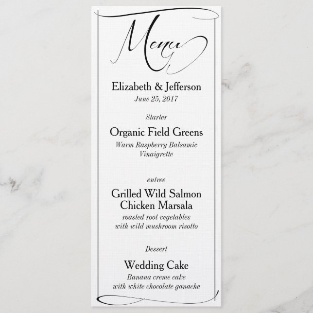 Elegant Black & White Script Wedding Menu Card (Front)