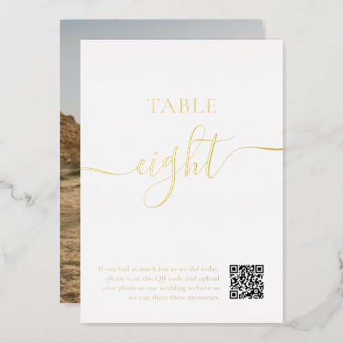 Elegant black white script wedding QR code Table N Foil Invitation