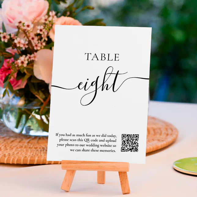 Elegant black white script wedding QR code Table Number | Zazzle
