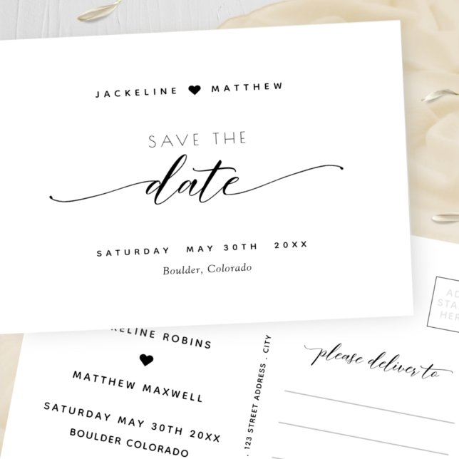 Elegant Black & White Script Wedding Save The Date Postcard (Creator Uploaded)