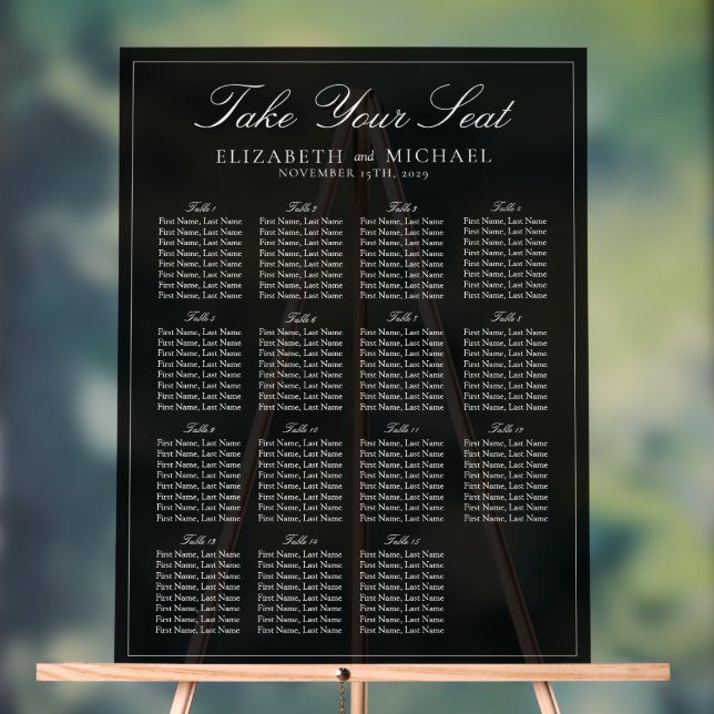 Elegant Black & White Script Wedding Seating Acrylic Sign (Neutral)