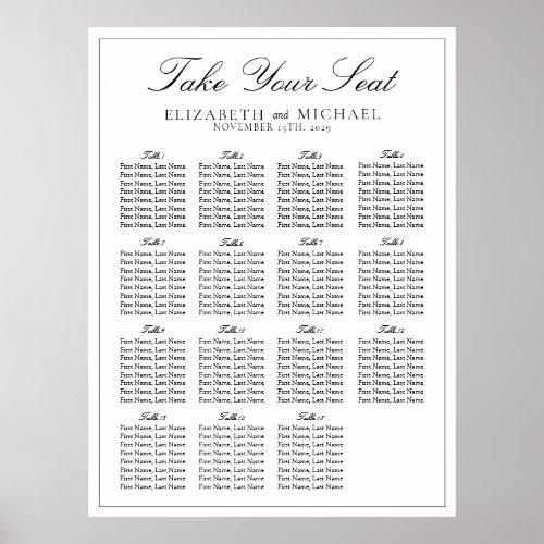 Elegant Black  White Script Wedding Seating Poster