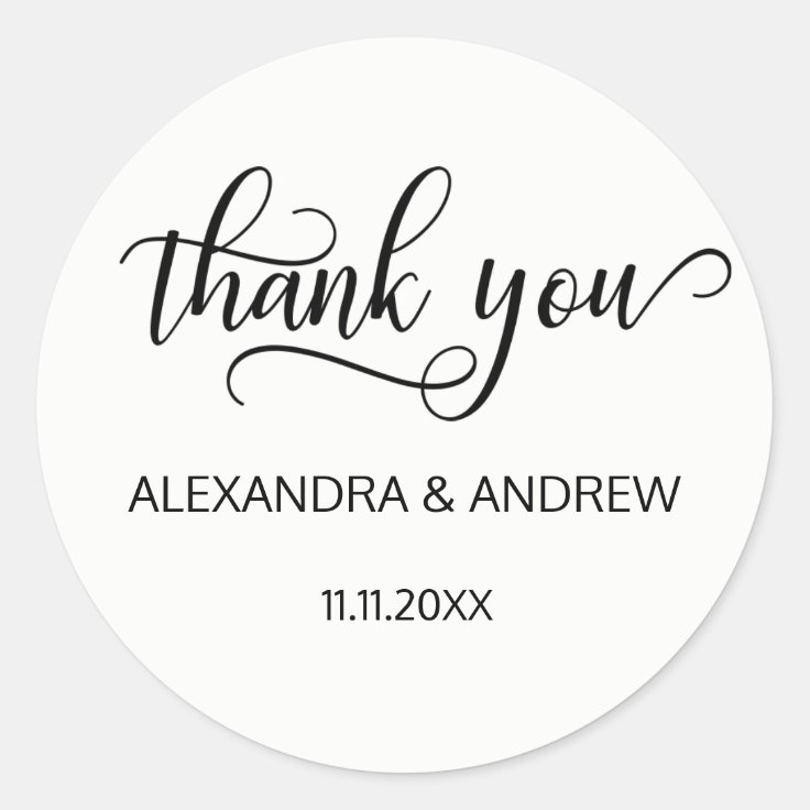 Elegant Black White Script Wedding Thank You Classic Round Sticker | Zazzle