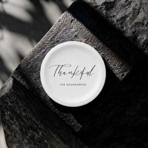 Elegant Black&White Scripted Thankful Thanksgiving Paper Plates