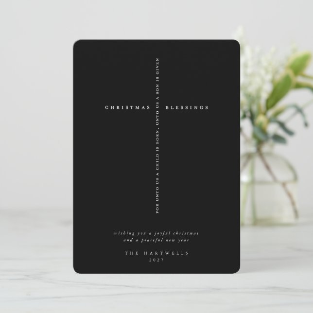 Elegant Black + White Scripture Cross  Holiday Card (Standing Front)