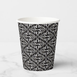 Elegant Black White Scrolled Damask Pattern Paper Cups