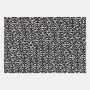 Elegant Black White Scrolled Damask Pattern Wrapping Paper Sheets