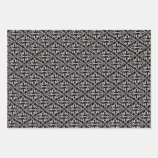 Elegant Black White Scrolled Damask Pattern Wrapping Paper Sheets (Front)