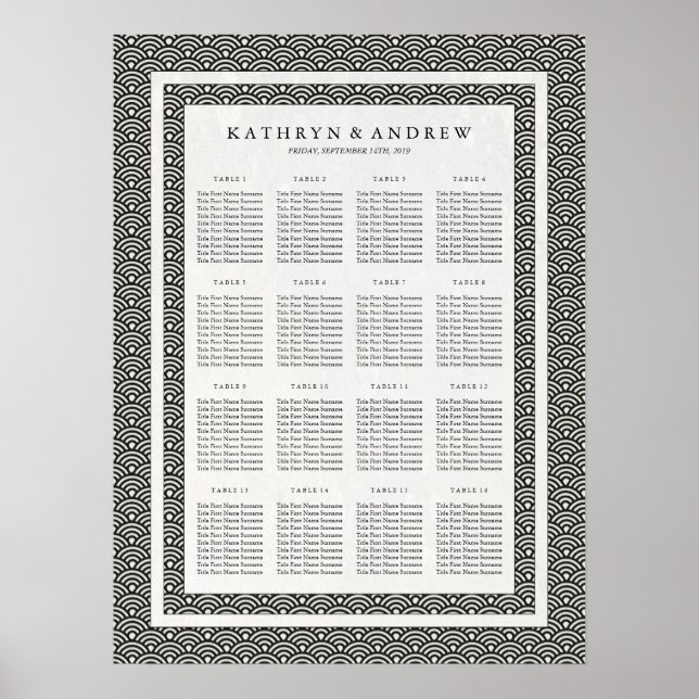 Elegant Black+White Seigaiha Wedding Seating Chart (Front)