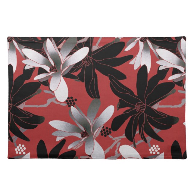 Elegant Black White Silver Flowers Burgundy Cloth Placemat (Front)
