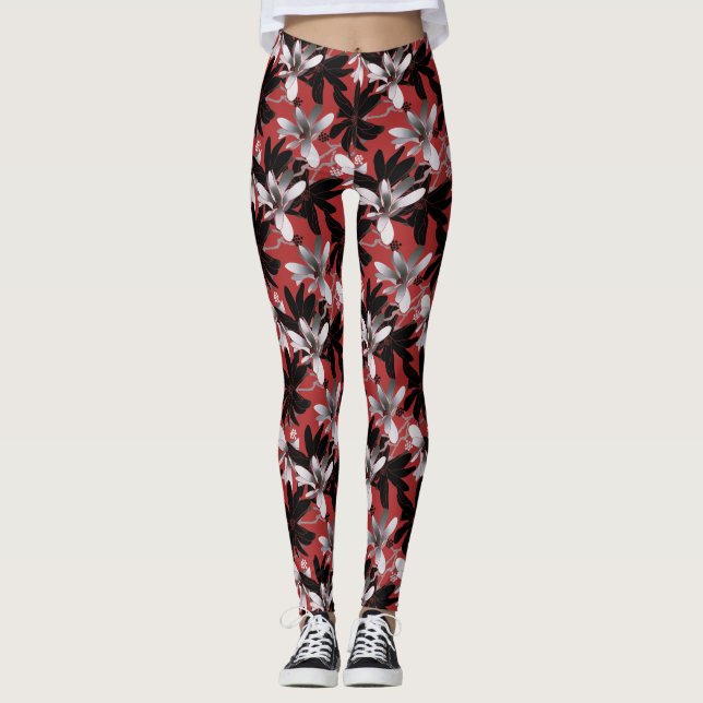 Elegant Black White Silver Flowers Burgundy Leggings (Front)